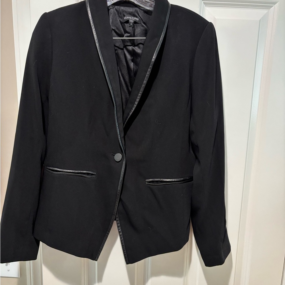 Eileen Fisher Black Blazer with Leather Trim